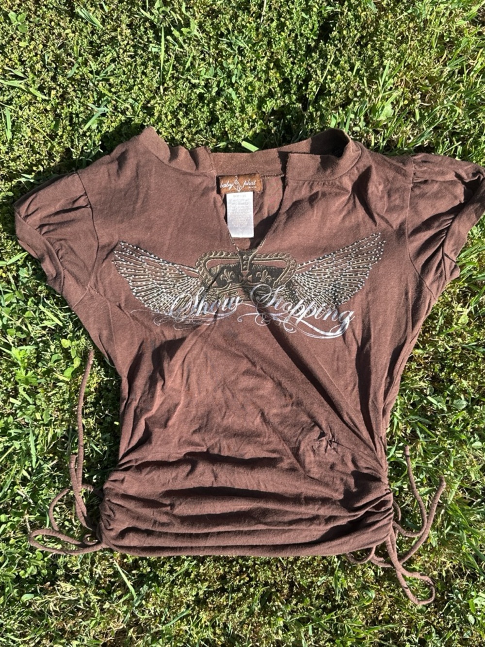 Baby Phat Brown Short Sleeve Tee with Winged Crest and Rhinestones